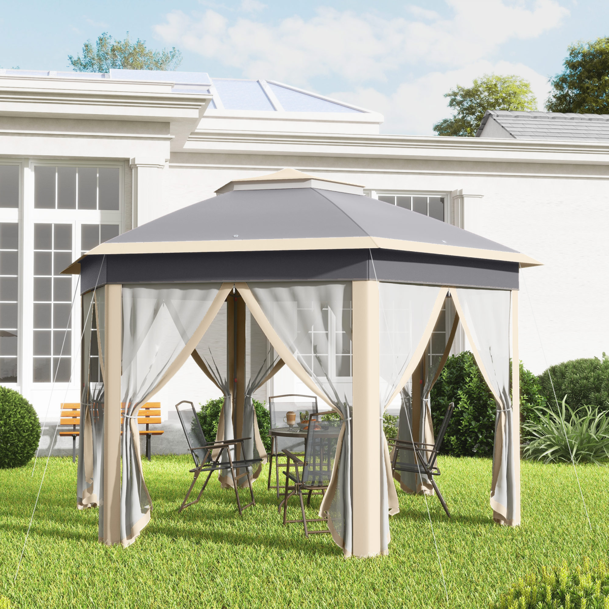 Outsunny 3 x 4m Hexagon Pop-Up Metal Gazebo with Six Mesh Curtains – Garden Party Tent, Khaki