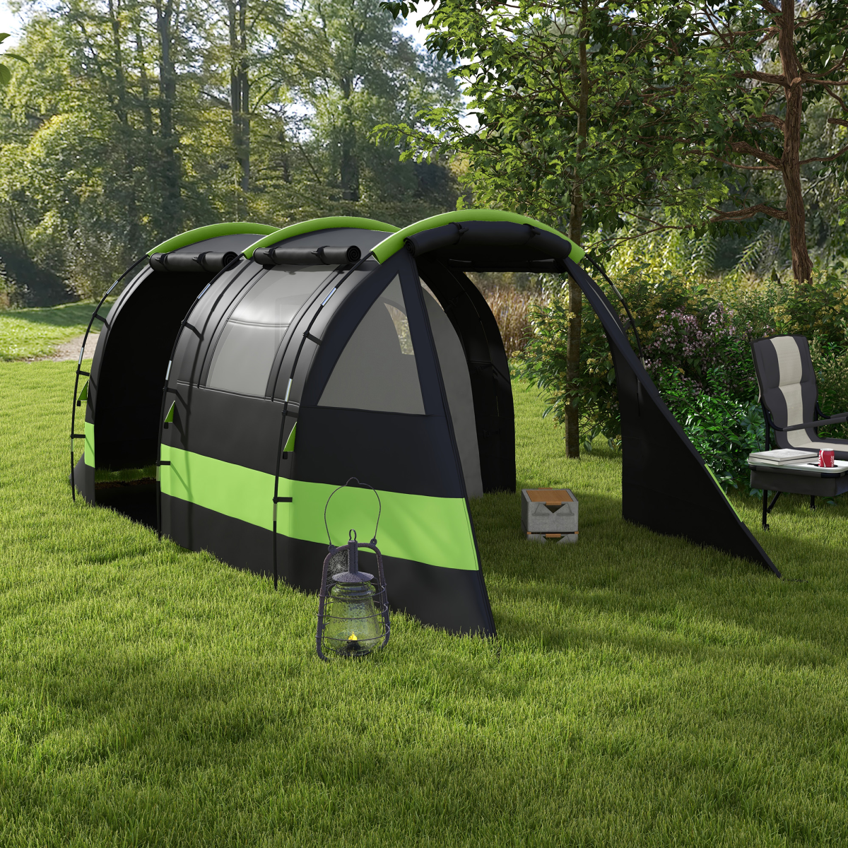 Outsunny Blackout Camping Tent with Bedroom & Living Room, 3000mm Waterproof – 4–5 Person Family Tent, Black
