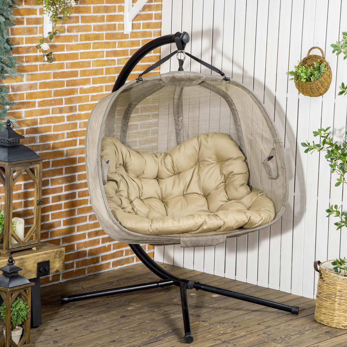 Outsunny Double Hanging Egg Chair with Cushion and Stand – 2-Seater Garden Swing Hammock, Brown
