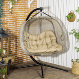 Outsunny Double Hanging Egg Chair with Cushion and Stand – 2-Seater Garden Swing Hammock, Brown