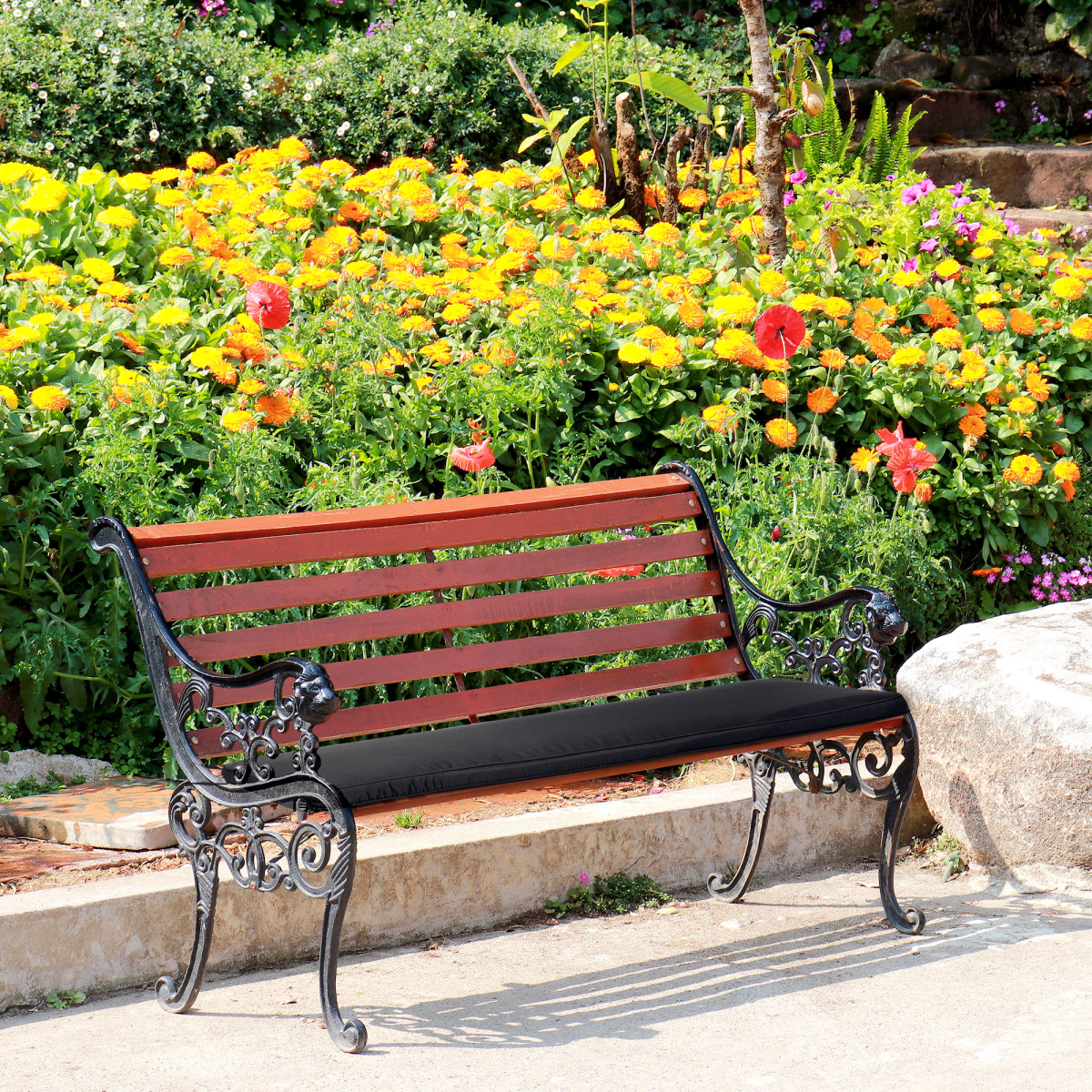 Outsunny 2-Seater Garden Bench Cushion with Tie Fastenings – Cotton-Filled Polyester Seat Pad, Black