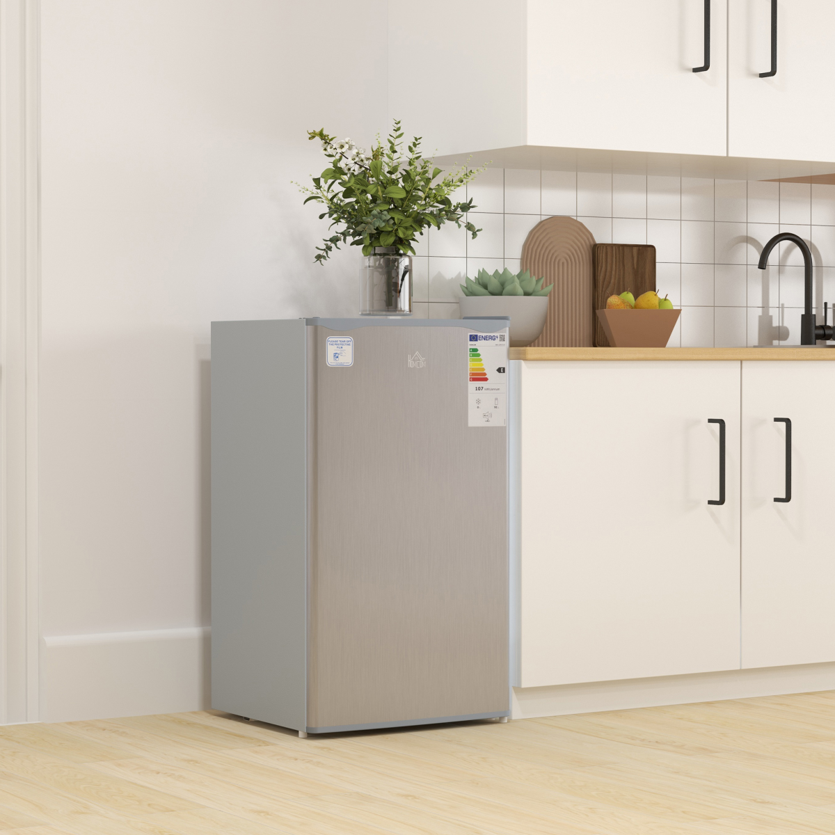 HOMCOM 91L Freestanding Under Counter Fridge with Reversible Door & Salad Drawer – Adjustable Shelves, Grey