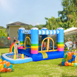 Kids Inflatable Bouncy Castle with Pool, Trampoline, Safety Net & Blower – Outdoor Rainbow Play for Ages 3-8