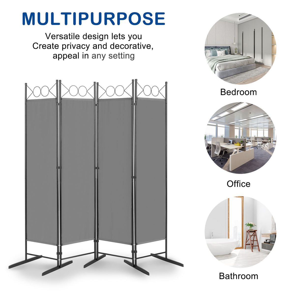 5.7ft 4-Panel Folding Room Divider with Shaped Top – Polyester Fabric Privacy Screen, Steel Frame, Grey