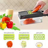 16 in 1 Vegetable Chopper with 1.5L Container, Drain Basket and Lid – Mandoline Slicer, Dicer and Peeler