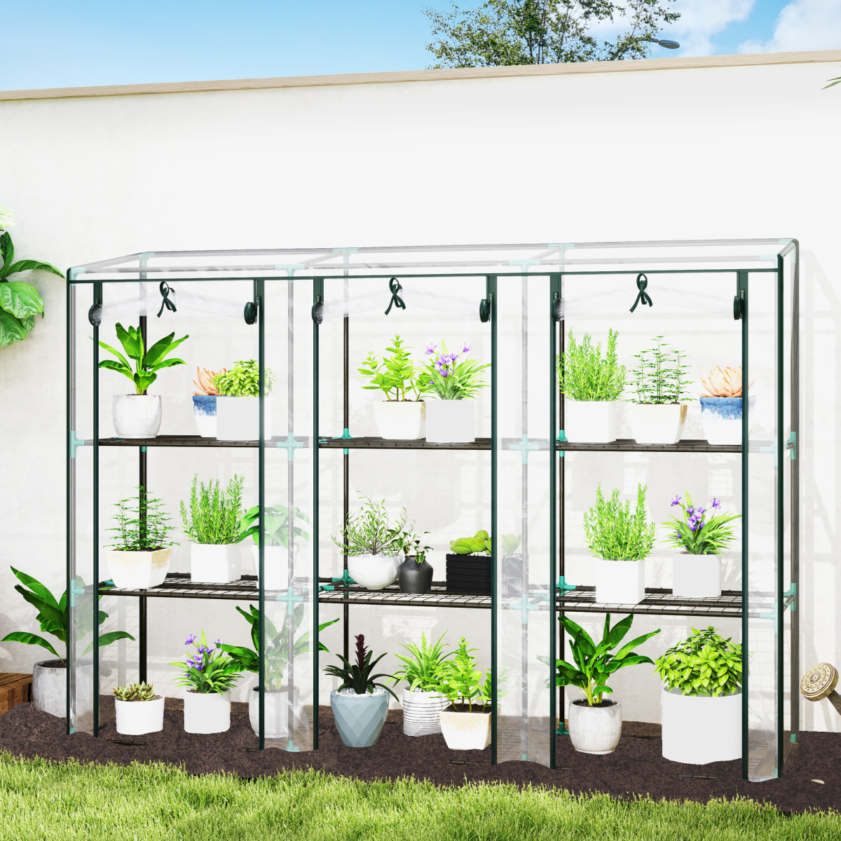 Outsunny 3-Tier Lean-to Wall Mini Greenhouse with Clear Roll-Up Doors & Plastic Cover – Plant Shelves