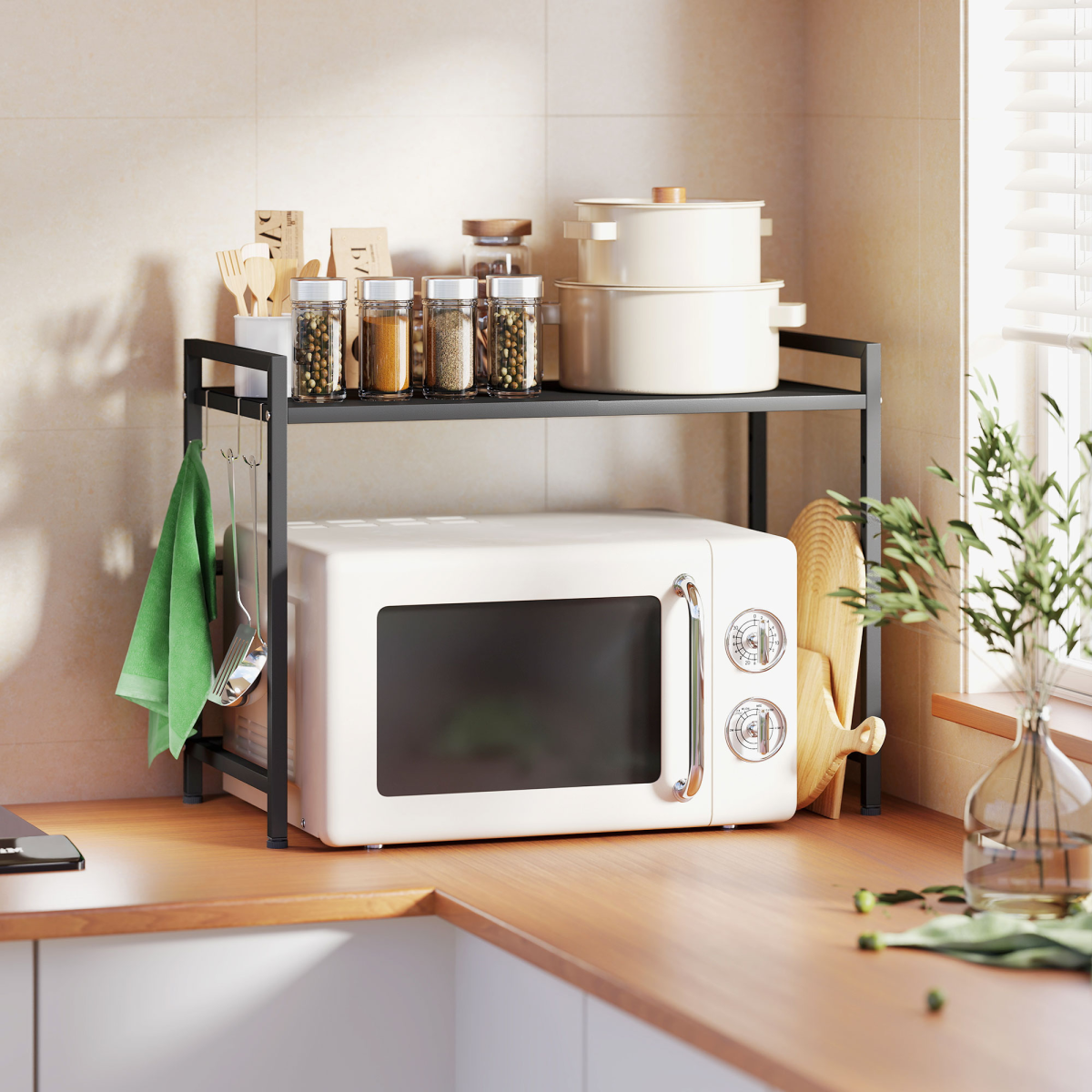 HOMCOM 2-Tier Expandable Microwave Oven Rack with 3 Hooks – Kitchen Worktop Storage Shelf, Black