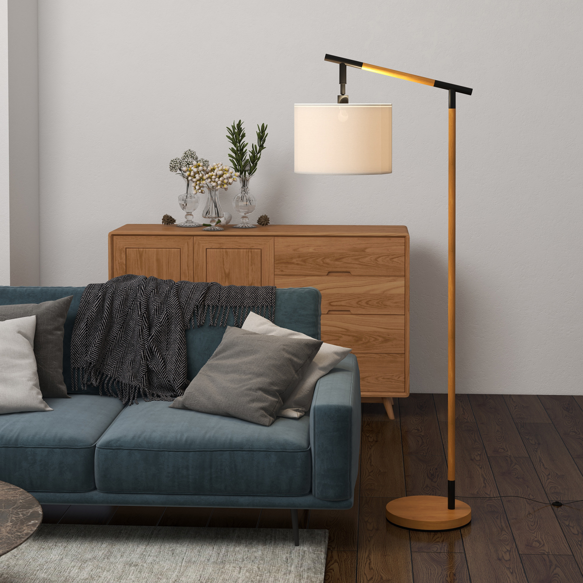 HOMCOM Floor Lamp with 350° Rotating Lampshade, Footswitch and LED Bulb Included – Metal Frame, Brown