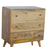 Artisan Furniture Solid Mango Wood Curved Chest of 3 Drawers with Nordic Legs – Oak-ish Finish, Light Brown