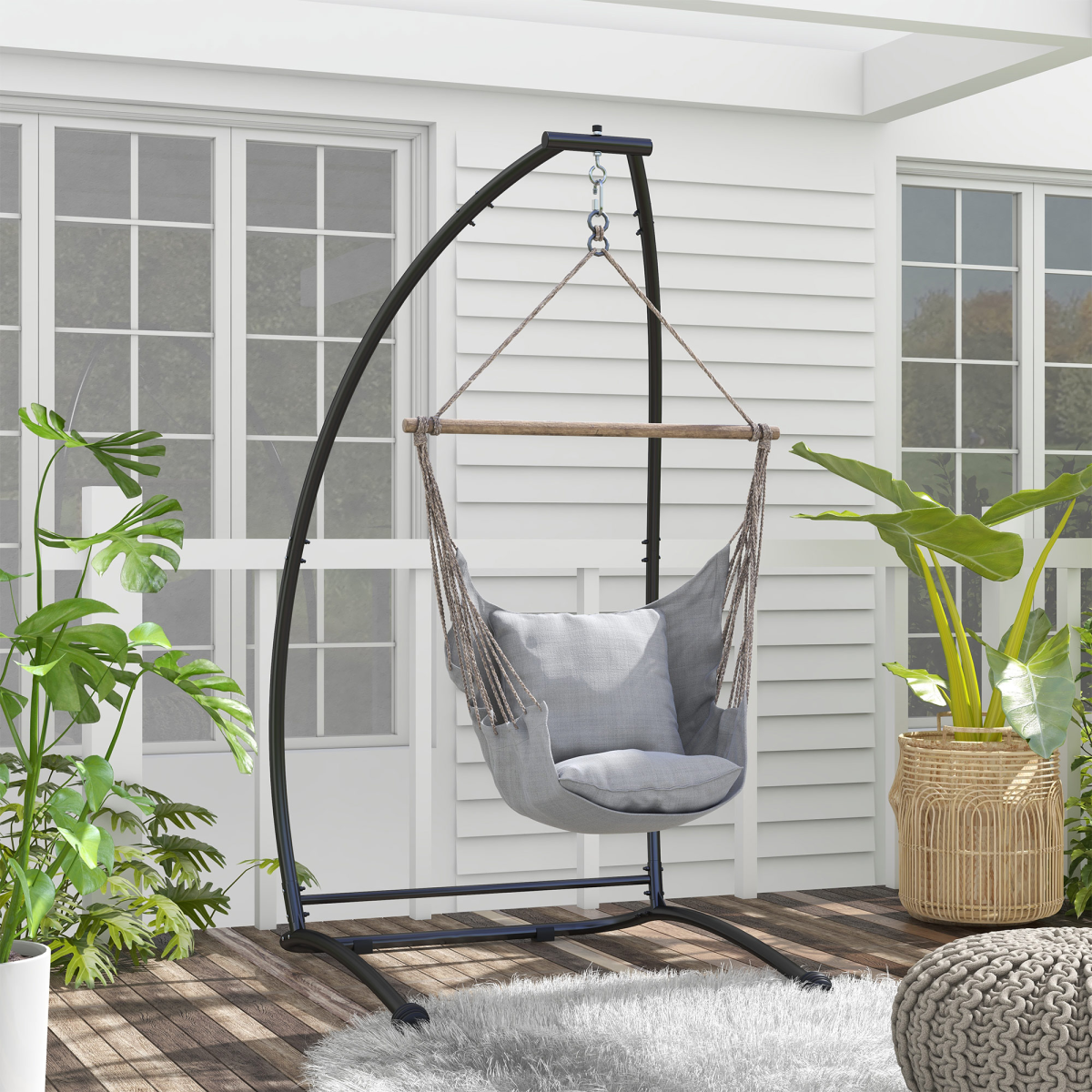 Outsunny C-Shape Metal Hammock Chair Stand with Spring Buckle – Steel Frame, 150kg Capacity, Black