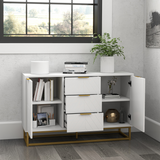 Modern Freestanding Storage Cabinet with 3 Drawers, Cupboard & Gold Base – Dining, Living Room & Bedroom