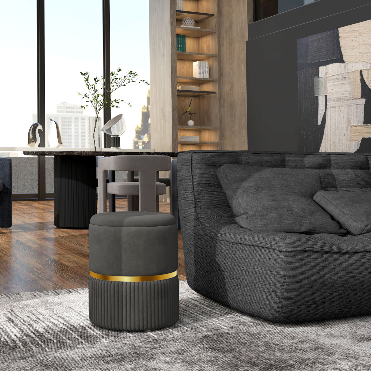 HOMCOM Fluted Round Storage Pouffe with Cushioned Lift-Off Top – Footstool, Shoe Stool and Makeup Seat