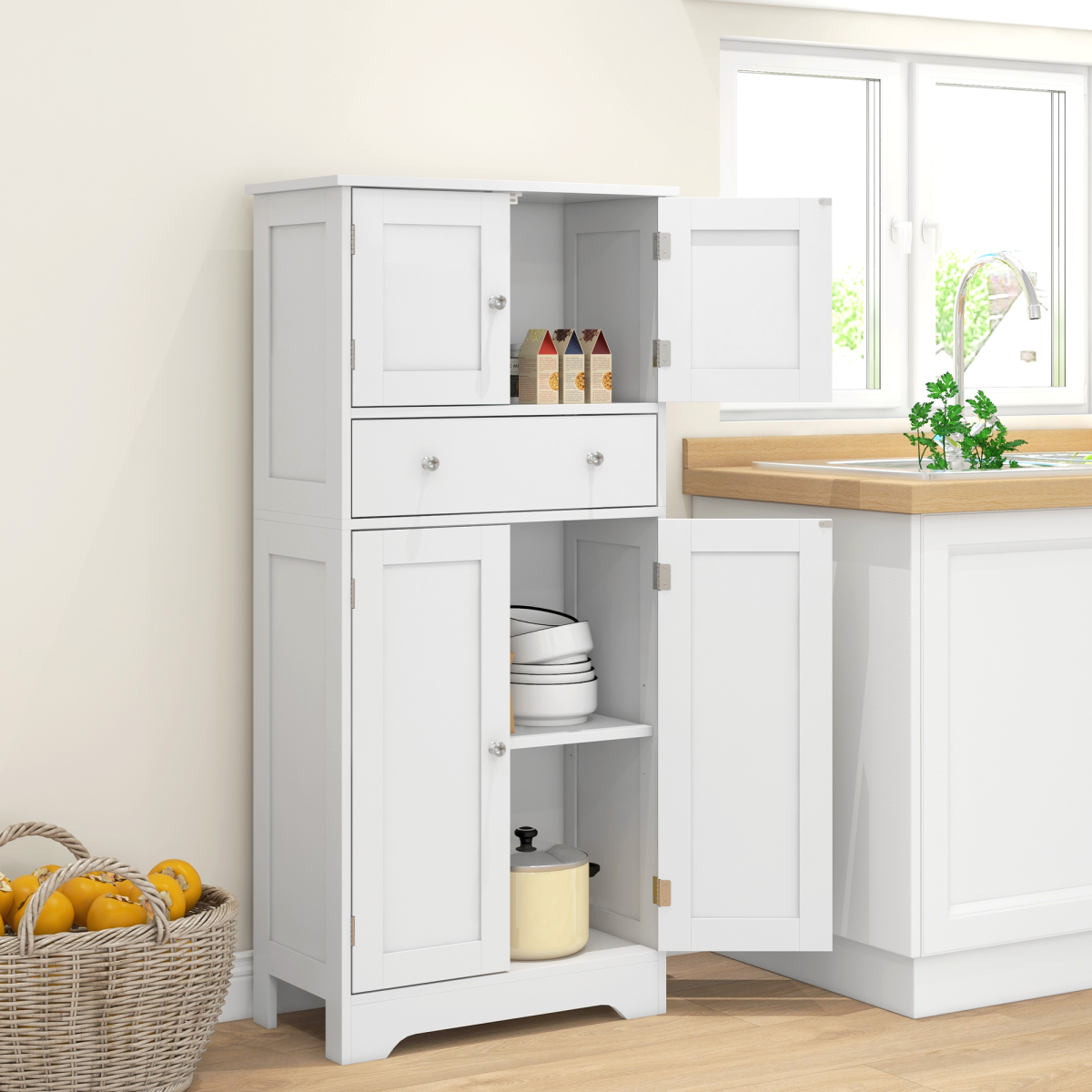 HOMCOM Freestanding Kitchen Cupboard with Drawer & Adjustable Shelf – Pantry Storage, White