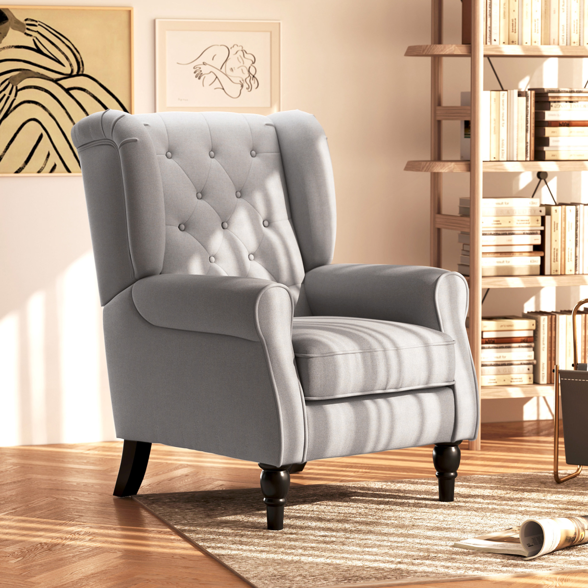 Retro Wingback Accent Armchair with Solid Wood Frame & Padded Seat – Living Room Reading Chair, Grey