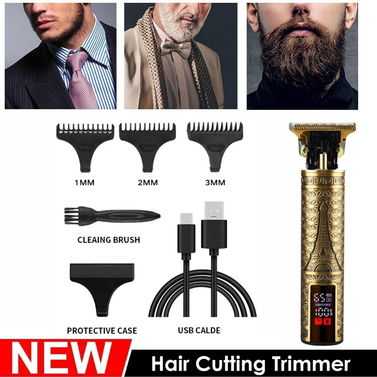 Professional Cordless Hair Clipper with LCD Display, 3 Combs & USB-C Charging – Metal Body Beard Trimmer for Men