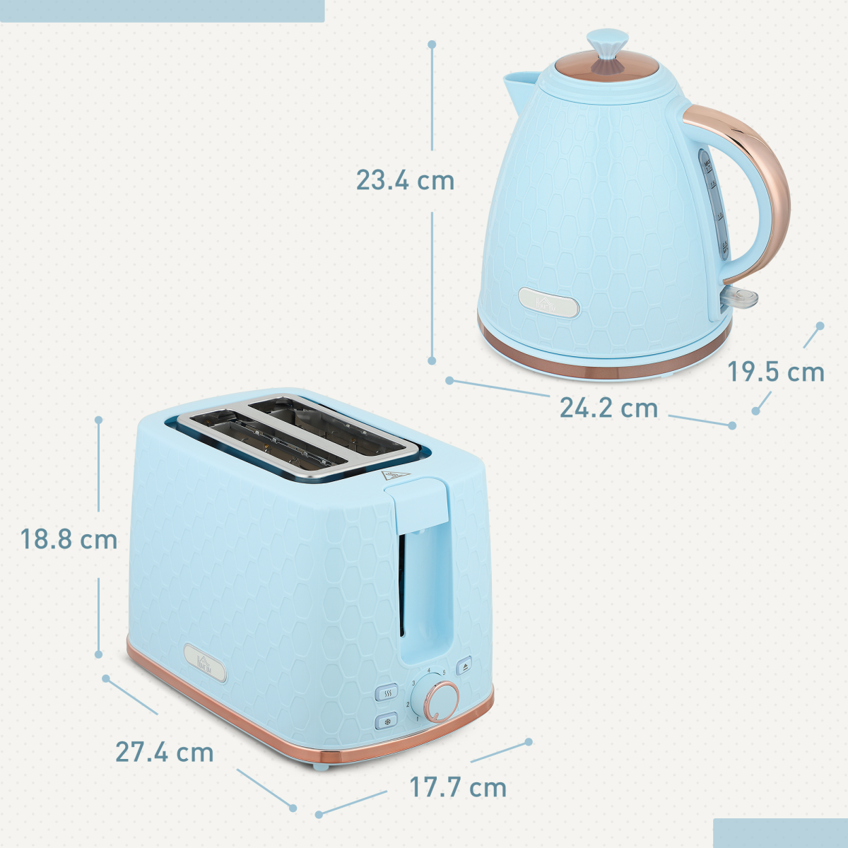 Kettle and Toaster Set with 1.7L Fast Boil Kettle, 2-Slice Toaster & 7 Browning Levels – Light Blue