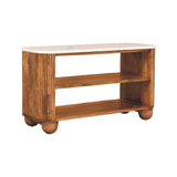 Artisan Furniture Beaumont Solid Mango Wood Shoe Bench – White Marble Top, 2 Shelves, Golden Teak