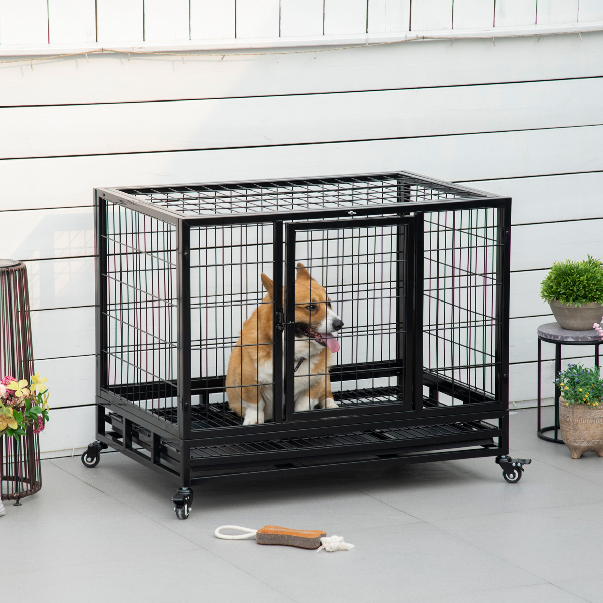 Pawhut Heavy Duty Metal Dog Cage with Wheels, Crate Tray and Two Doors – Rust-Resistant Kennel, Black