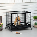 Pawhut Heavy Duty Metal Dog Cage with Wheels, Crate Tray and Two Doors – Rust-Resistant Kennel, Black