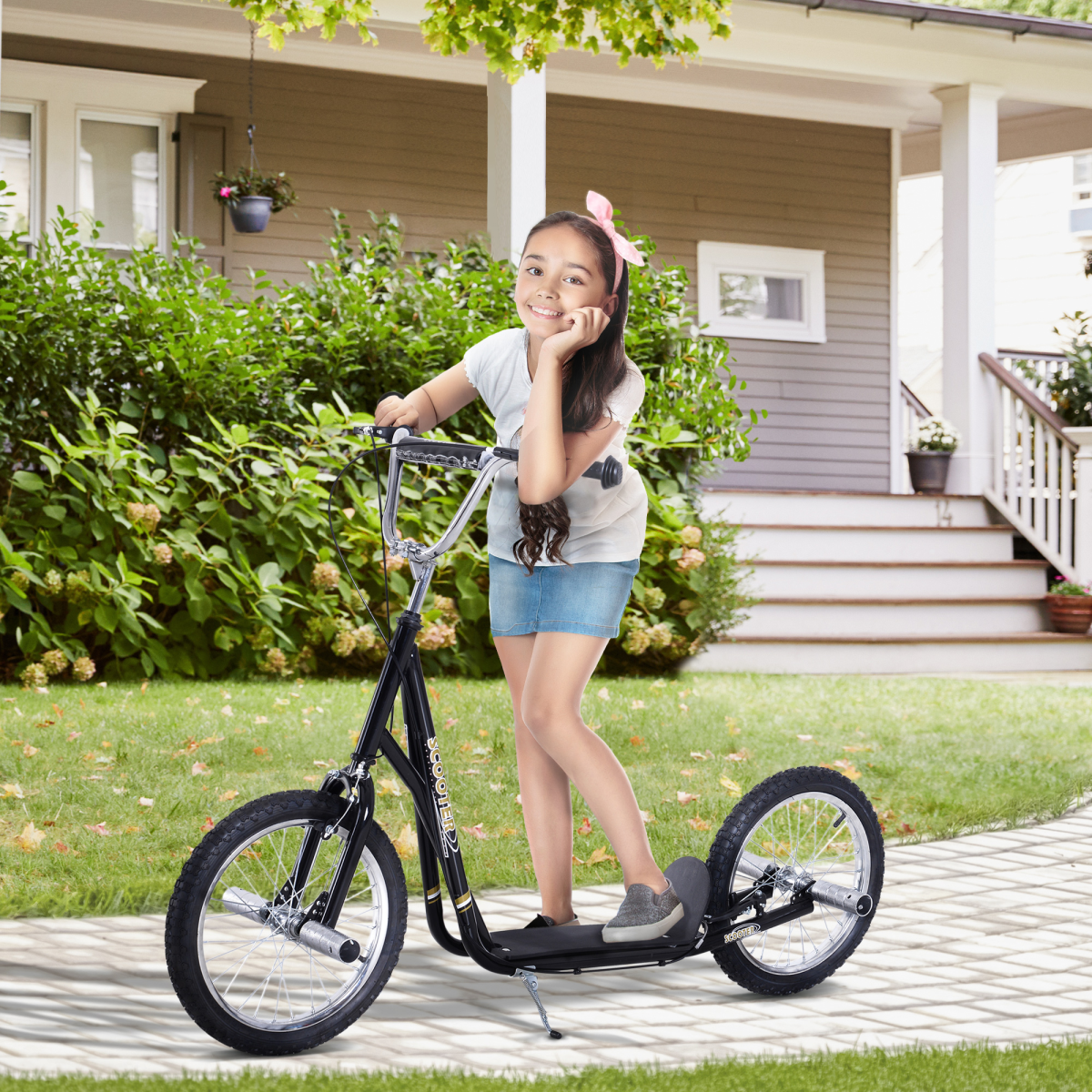 HOMCOM Kids Stunt Scooter with 16" Wheels and Adjustable Height – Front and Rear Brakes, Black