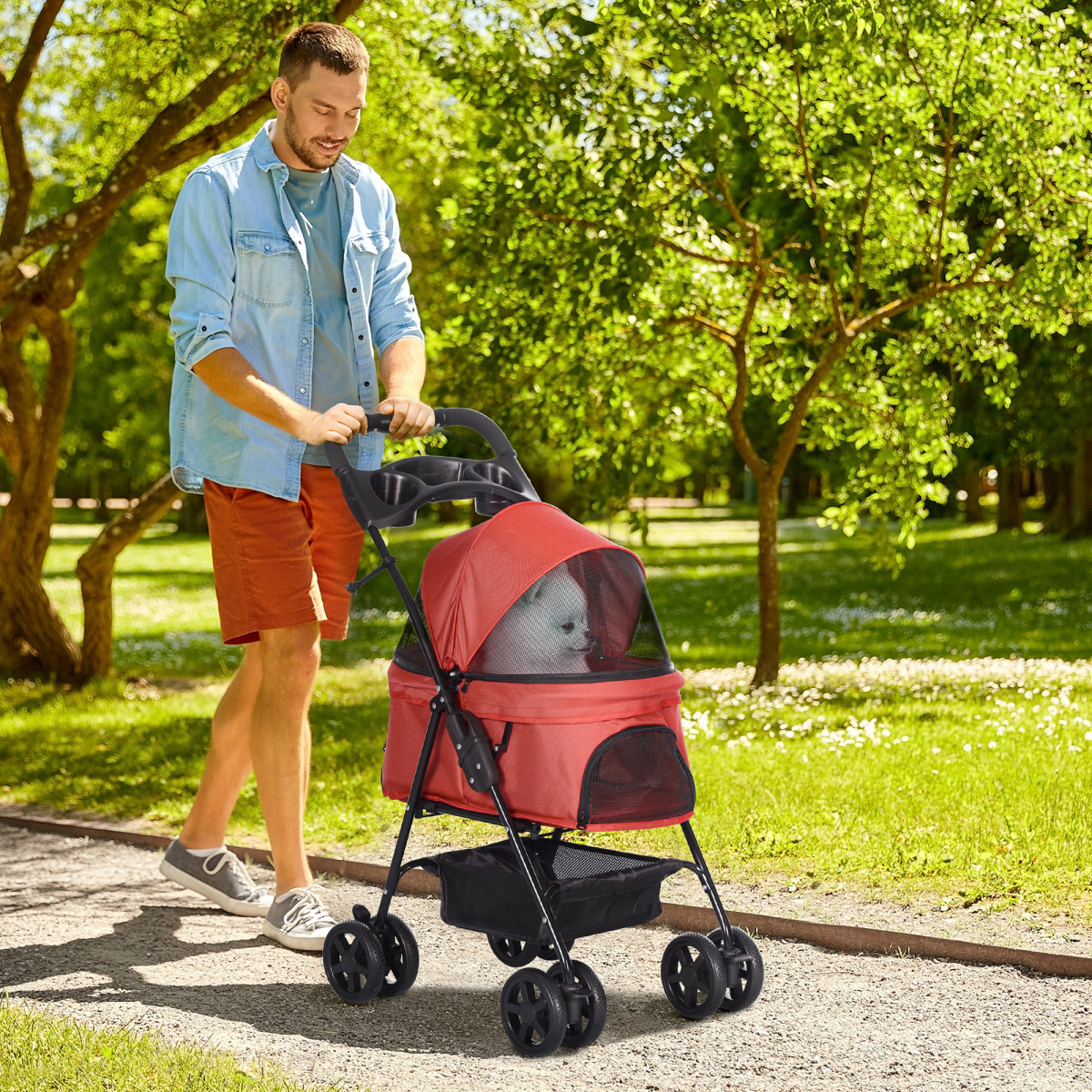 Foldable Pet Stroller with Brakes, Adjustable Canopy, Basket & Safety Leashes – Travel Carriage for Mini Dogs