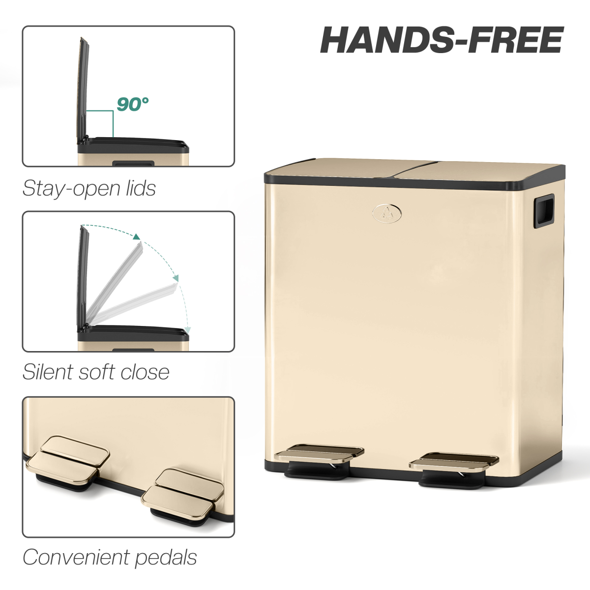 Dual Kitchen Pedal Bin with 2 x 20L Removable Buckets – Stainless Steel Recycling Bin, Gold Tone