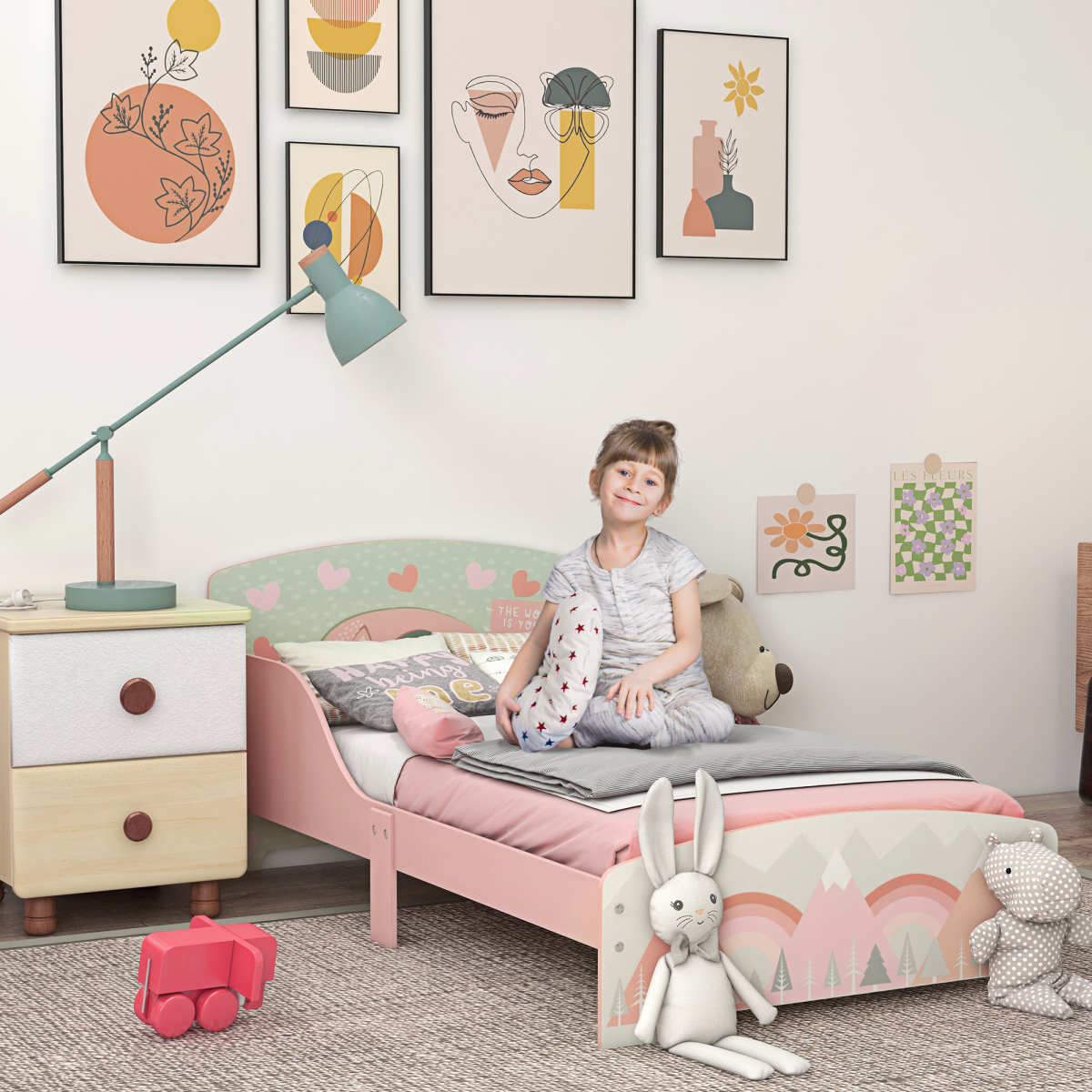 ZONEKIZ Animal Design Toddler Bed Frame with Raised Side Panels – Pink, Ages 3-6