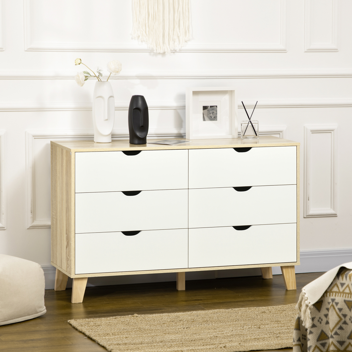 6 Drawer Chest of Drawers with Anti-Tipping Straps – Wide Low Bedroom Storage Unit, White and Brown