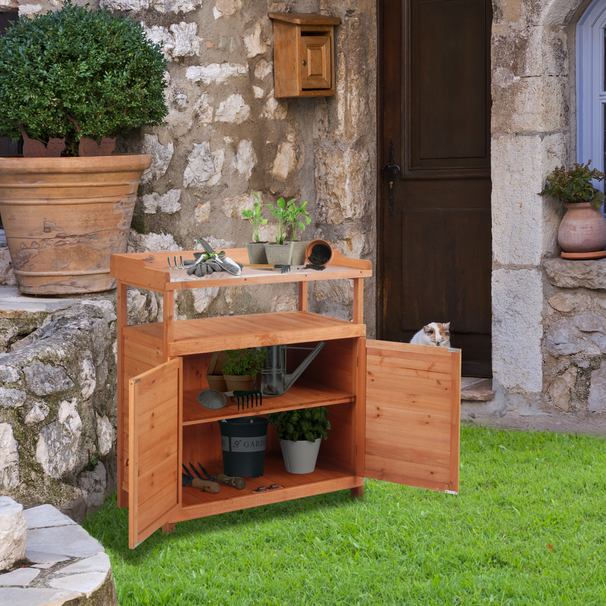 Outsunny 2-in-1 Potting Bench with Storage Cabinet & Galvanised Steel Table Top – Wooden Garden Workstation