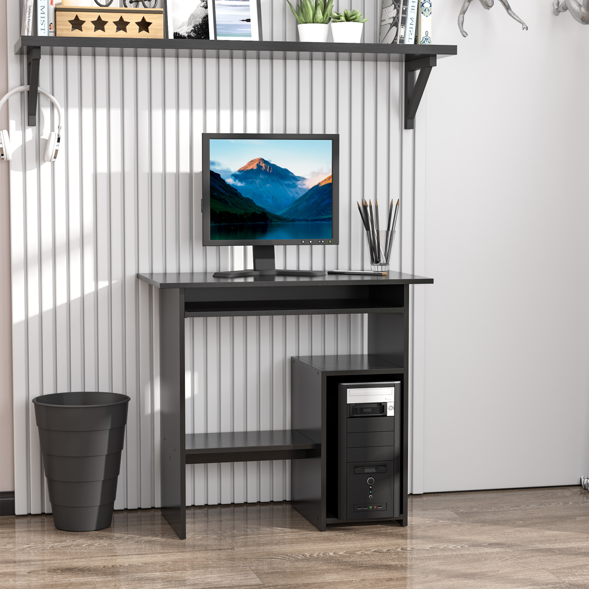 HOMCOM Compact Computer Desk with Slide-Out Keyboard Tray and 2 Shelves – Home Office Table, Black