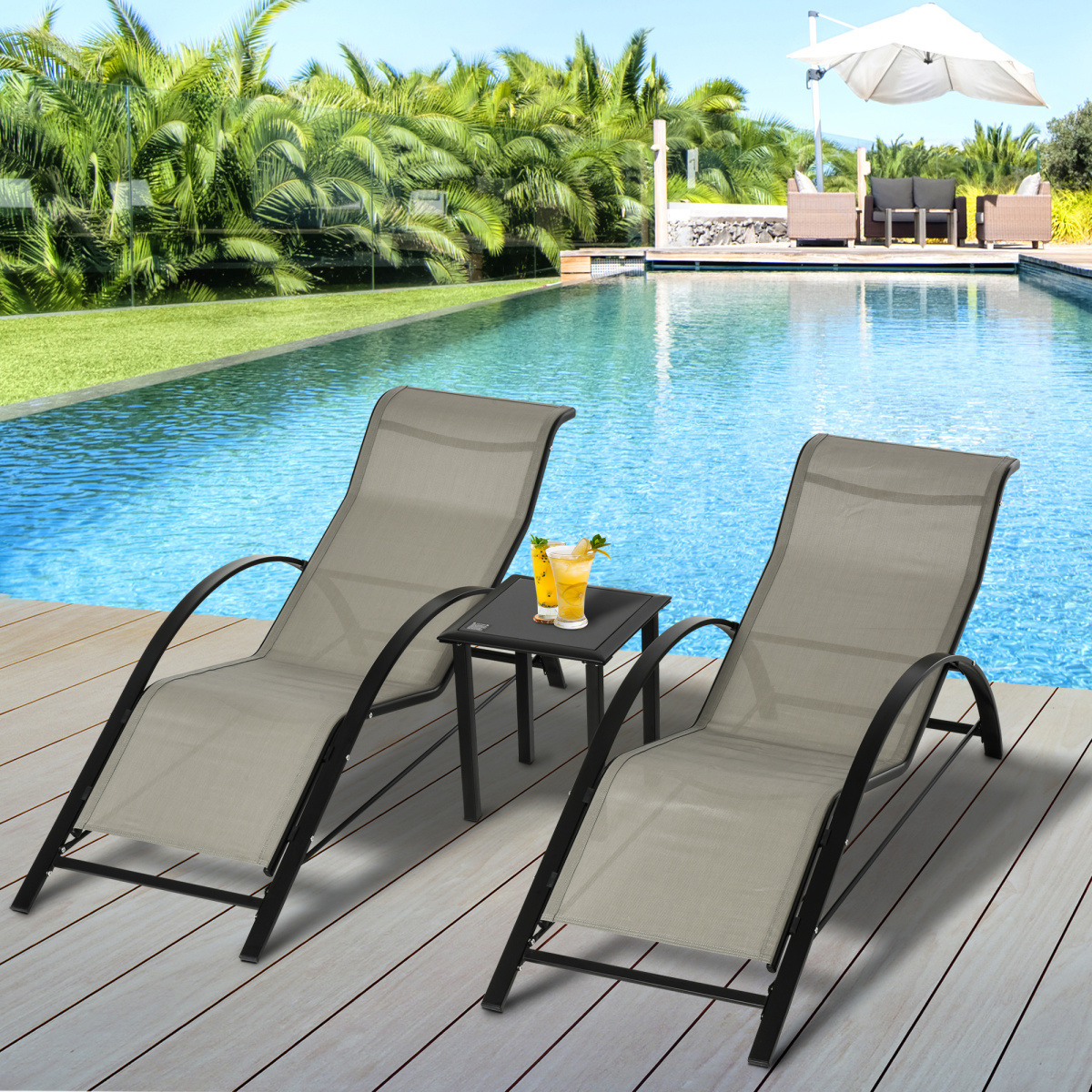 Outsunny 3-Piece Lounge Chair Set with Glass Table and Mesh Seats – Reclining Garden Sunbathing Chairs, Grey
