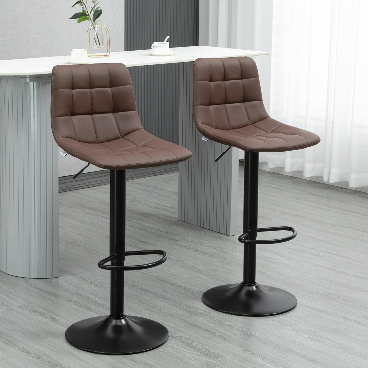 HOMCOM Set of 2 Adjustable Swivel Bar Stools with Footrest – Quilted Faux Leather Home Pub Stools, Brown