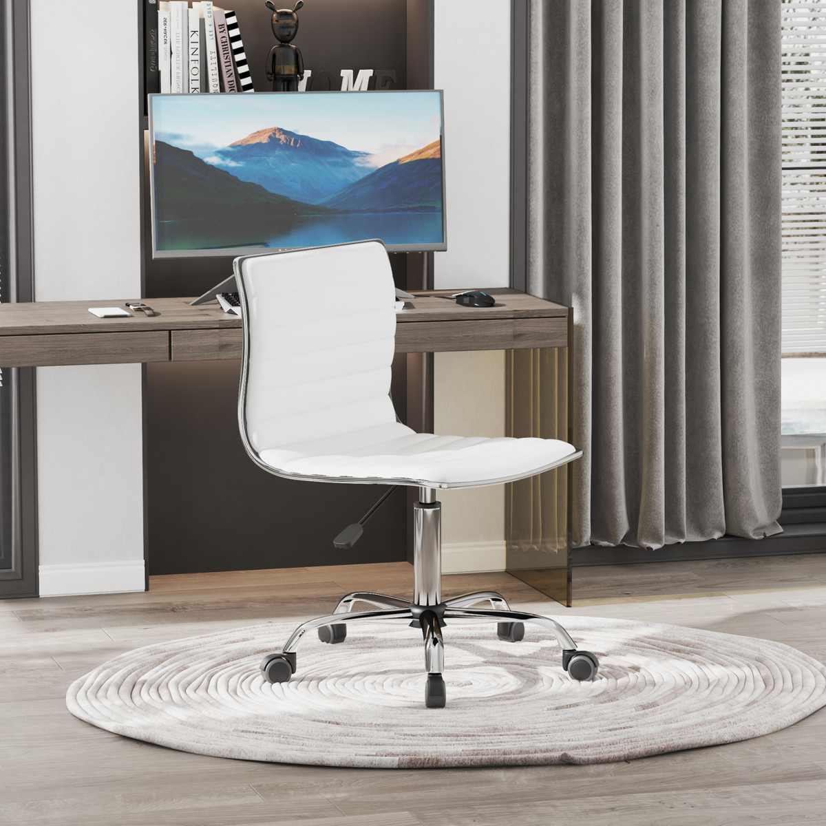 HOMCOM Armless Mid-Back Ergonomic Office Chair with 360 Swivel and Adjustable Height – PU Leather, White