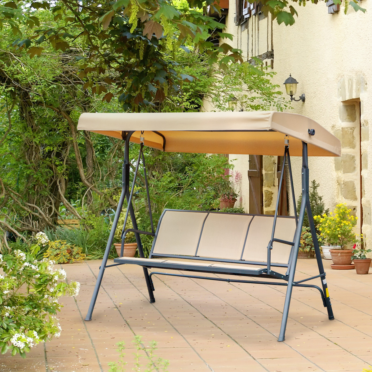 Outsunny 3-Seater Swing Chair Replacement Canopy and Steel Frame – Weather Resistant, Beige