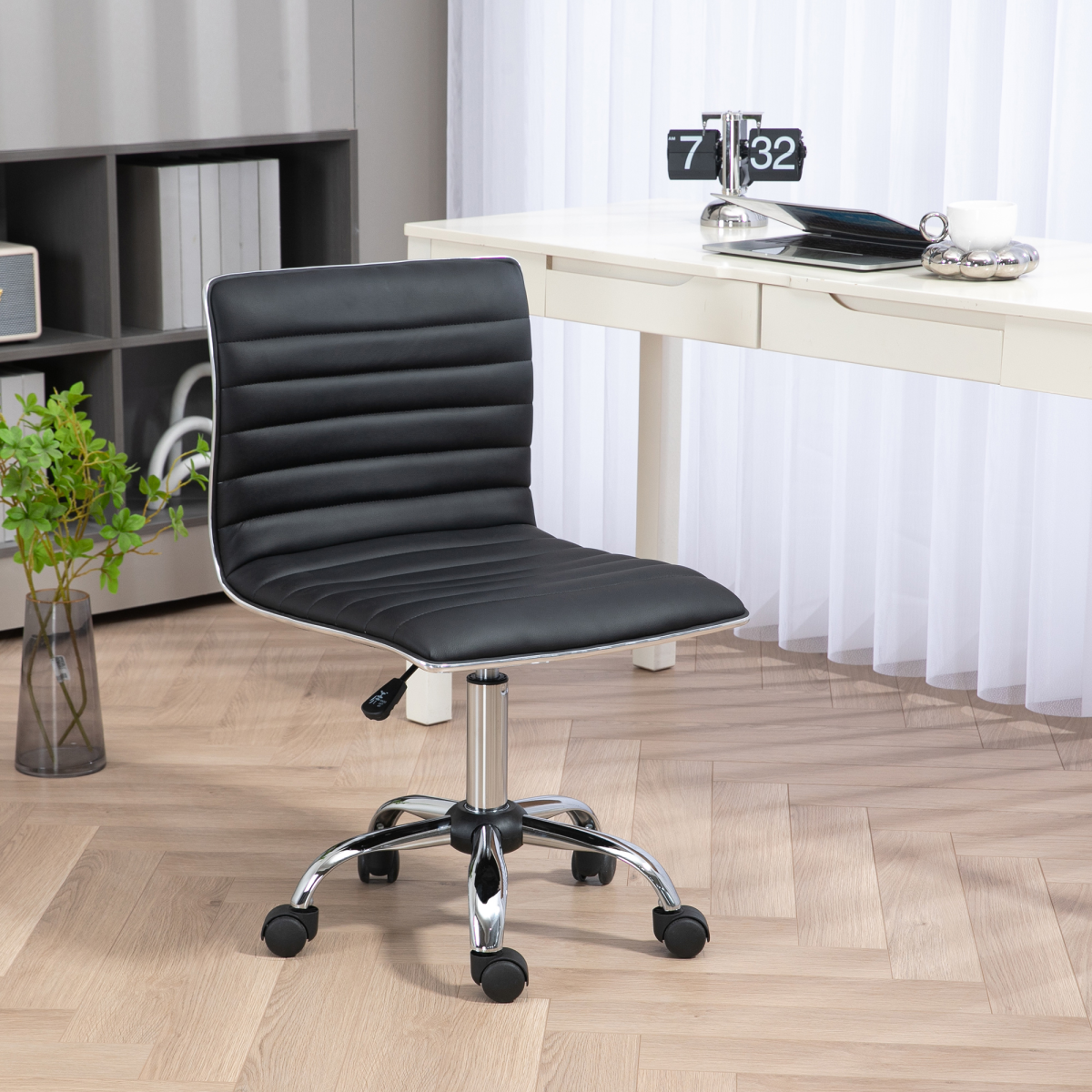 HOMCOM Armless Mid-Back Office Chair with 360° Swivel & Height Adjustment – PU Leather Desk Chair, Black