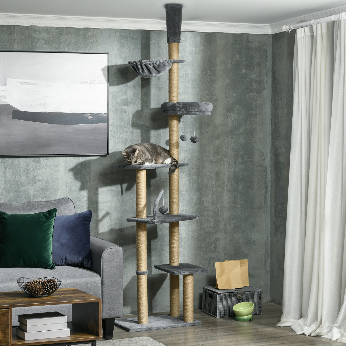 PawHut 6-Tier Floor to Ceiling Cat Tree with Scratching Post, Bed & Hammock – Cat Tower, Grey