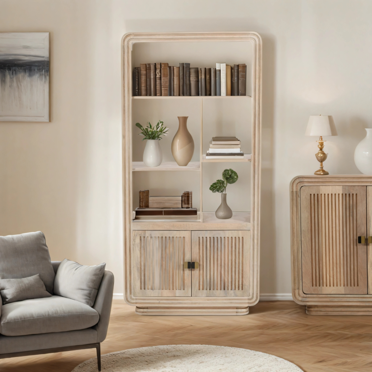 Indian Hub Hudson Carved Mango Wood Bookcase with Shelves – Hand-Crafted Display Storage for Living Rooms