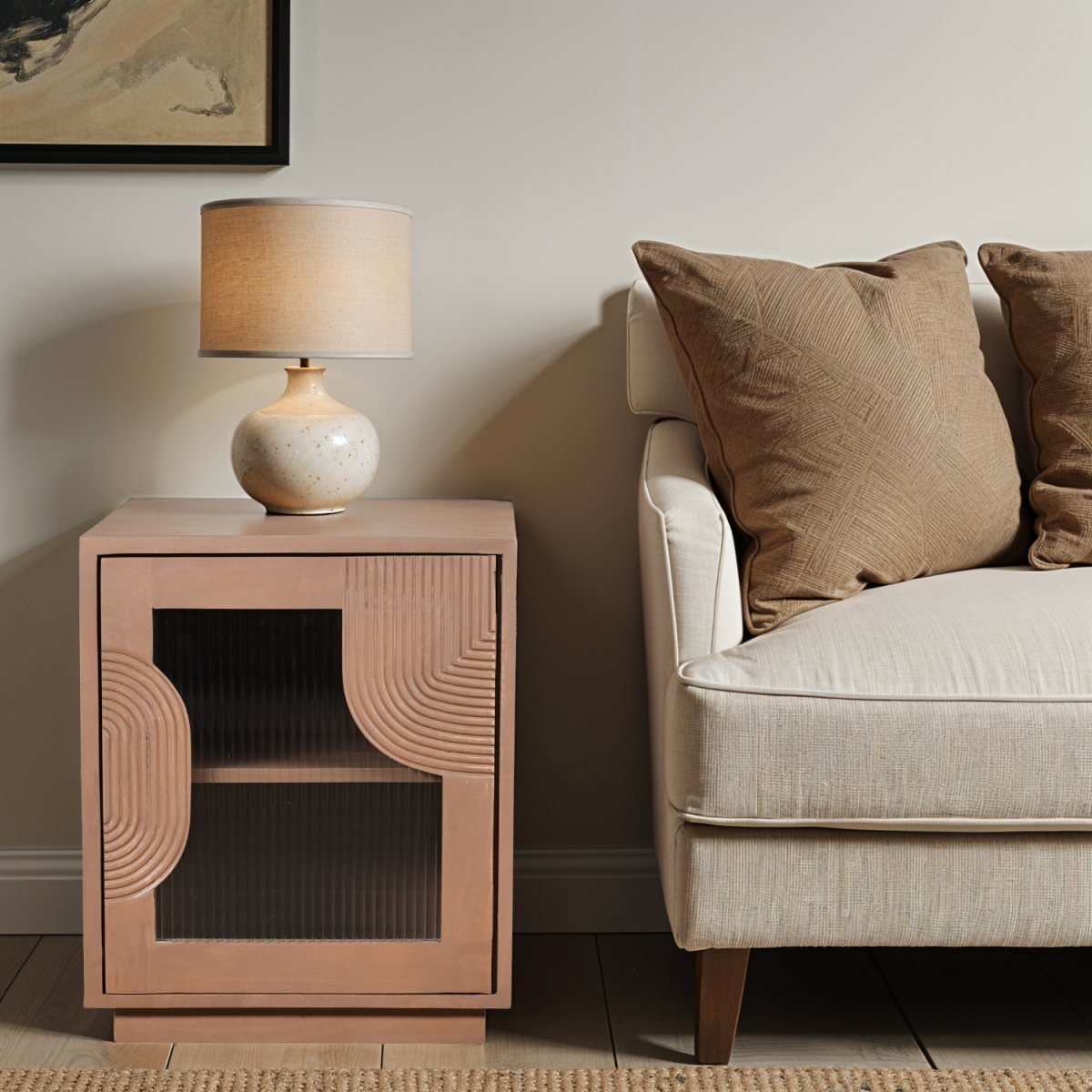 Indian Hub Indus Solid Mango Wood Bedside Table with Fluted Glass Panels – Pale Taupe