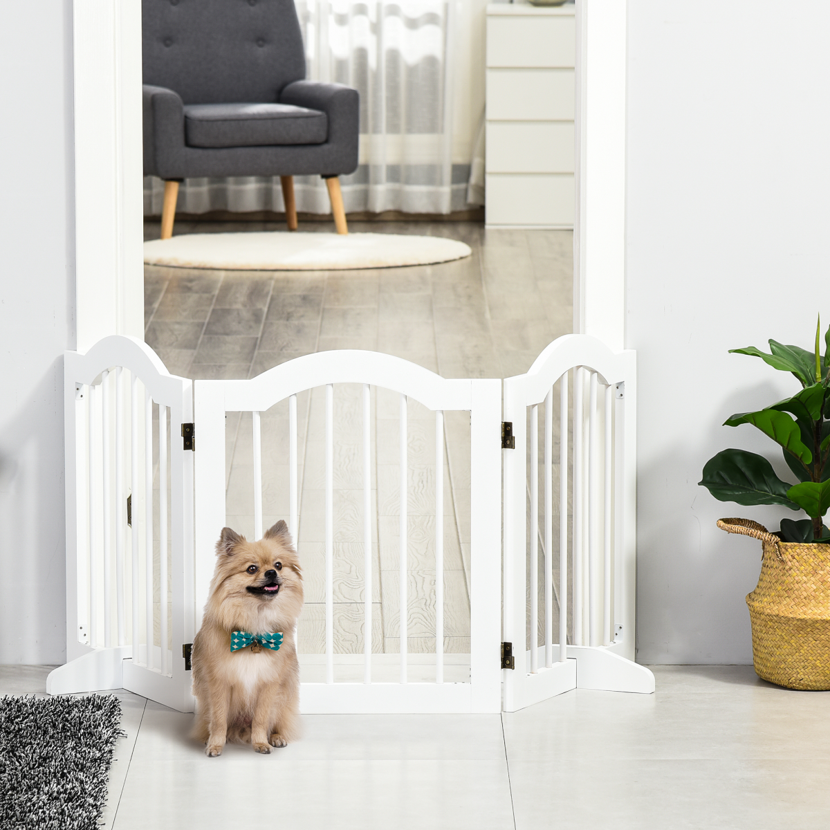 PawHut 3-Panel Freestanding Wooden Dog Gate with Support Feet – Foldable Safety Barrier for Small Dogs, White