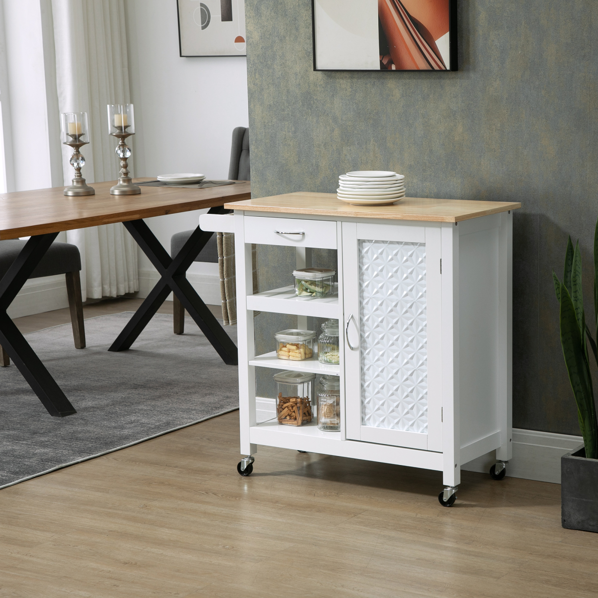 HOMCOM Kitchen Island Cart with Drawer, Cabinet, 3-Tier Open Shelves & Towel Rack – White