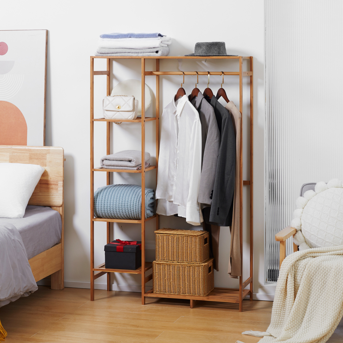 HOMCOM Bamboo Clothes Rail with 6-Tier Shelf & Hanging Rod – 145cm Open Wardrobe Garment Rack