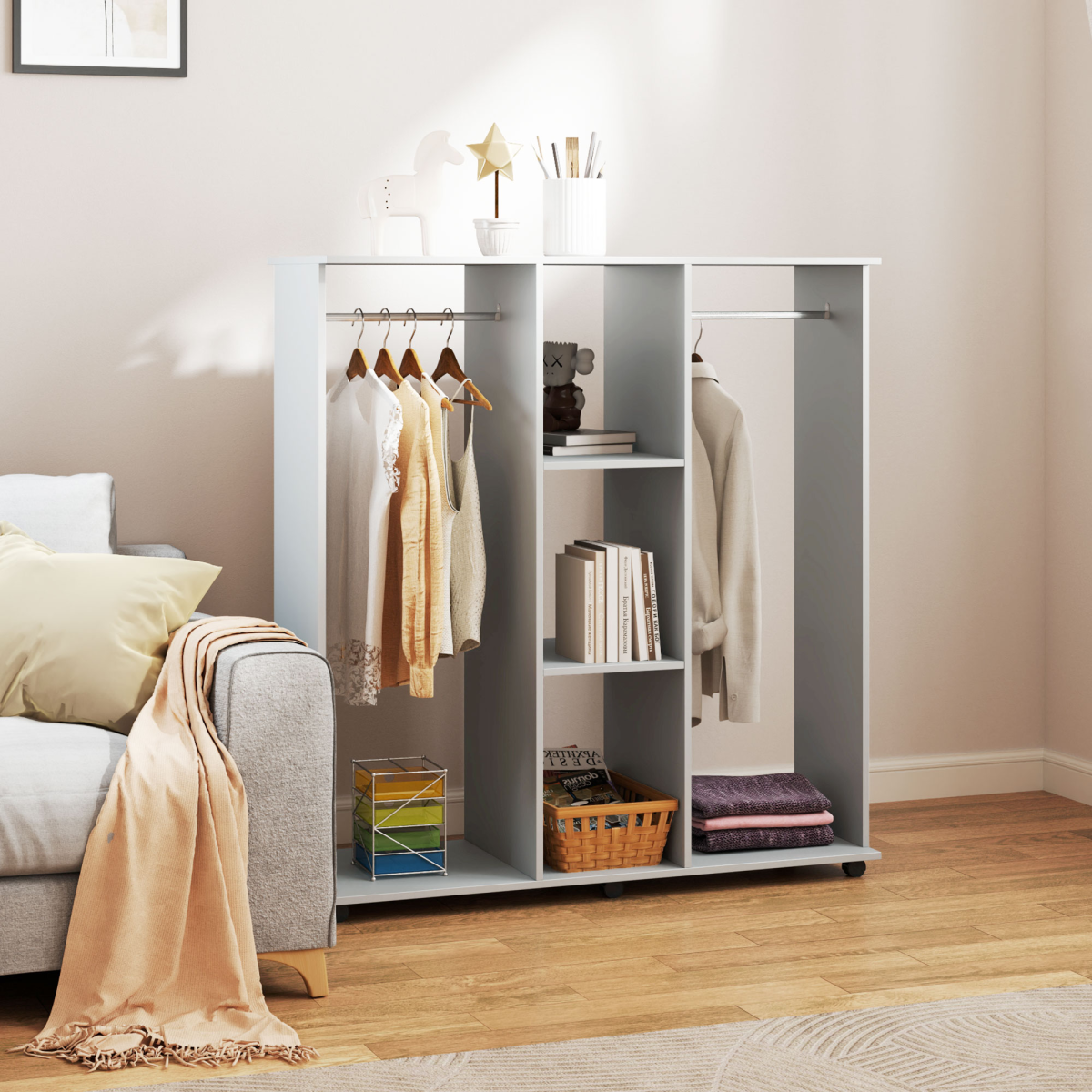 HOMCOM Mobile Double Open Wardrobe with 2 Hanging Rails and Wheels – Bedroom Clothes Storage, Grey