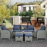 Outsunny 6-Piece Padded Rattan Garden Set with 3-Seater Sofa, 2 Reclining Armchairs, Footstools & Table, Blue