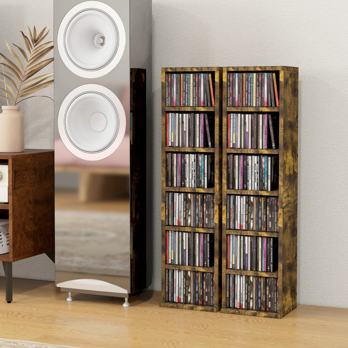 HOMCOM Set of 2 CD & Media Tower Racks with Adjustable Shelves – DVD & Games Storage, Rustic Brown