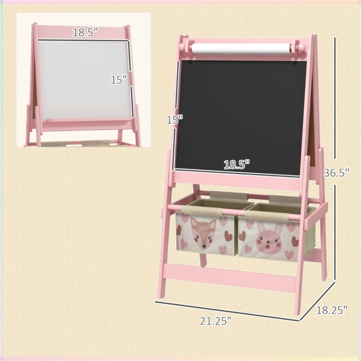 3-in-1 Kids Art Easel with Blackboard, Whiteboard & Paper Roll, 2 Storage Baskets – Animal Design, Pink