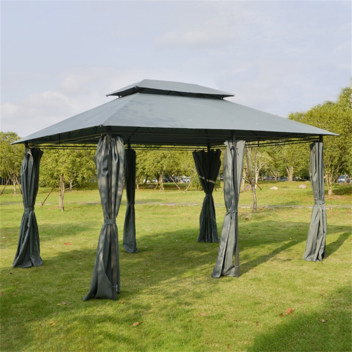 Patio Gazebo with 2-Tier Polyester Canopy & Powder-Coated Steel Frame – Extra-Large Garden Shelter, Sage Grey