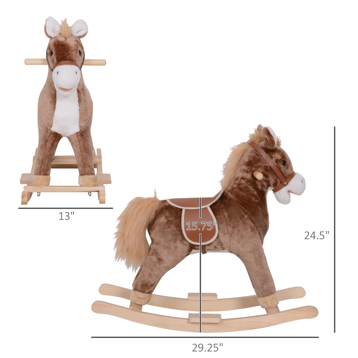 Kids Plush Rocking Horse with Padded Seat, Handles and Solid Wooden Base – Brown and White, 3 Years+