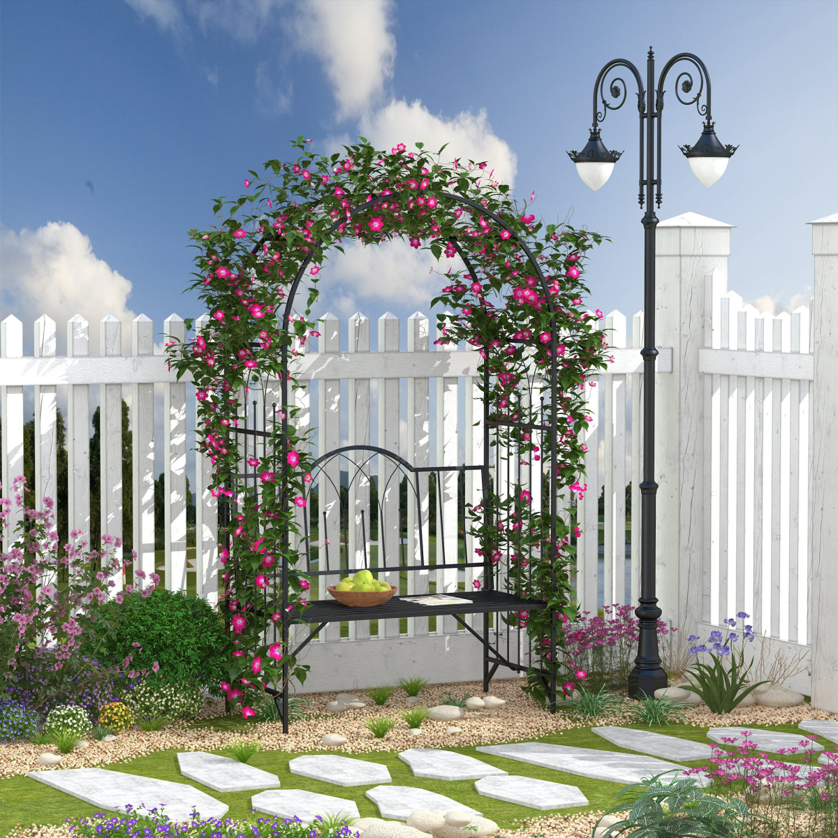 Outsunny Metal Garden Arbour Bench with High Arch for Climbing Plants – Outdoor Trellis Seat, Antique Black