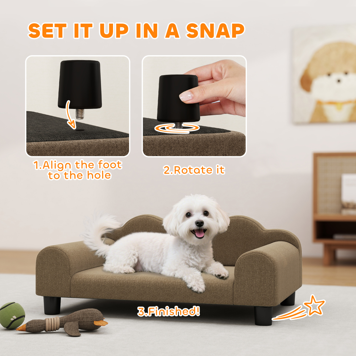 Dog Bed Pet Sofa with Backrest & Armrests, Soft Terry-Style Fabric – Cosy Raised Bed for Small Dogs up to 4kg, Brown