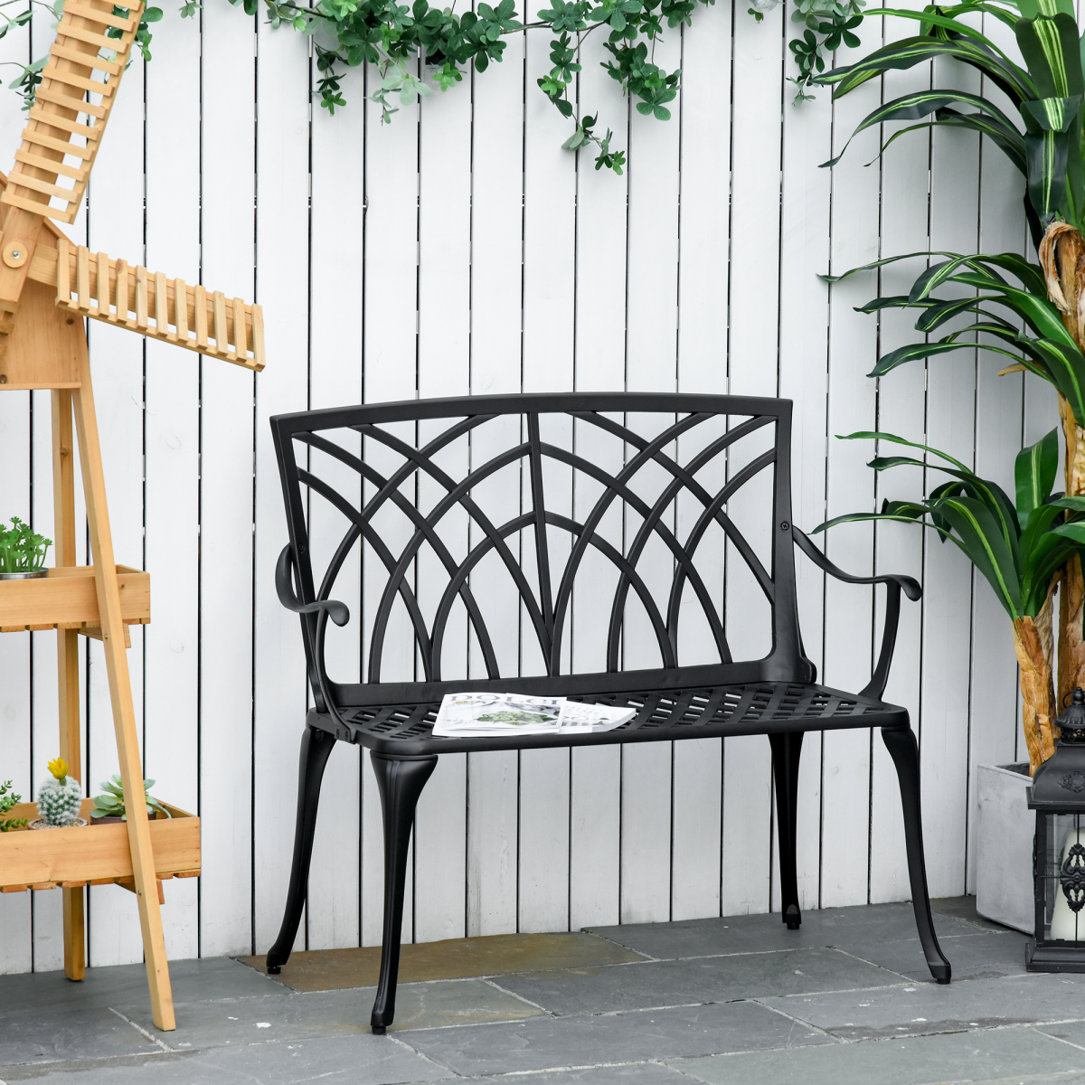 Outsunny 2-Seater Cast Aluminium Garden Bench with High Back & Armrests – Outdoor Loveseat for Patio & Balcony